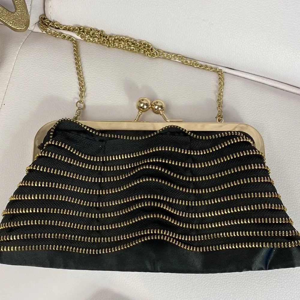Ruffled Zipper Evening Bag Clutch Black Gold with Strap